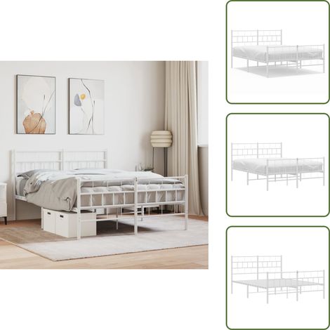 The Living Store Cadre de lit métal sans matelas et pied de lit blanc 160x200 cm - Cadre De Lit Metal - Lit Double - Lit Blanc - Meuble Chambre - Literie