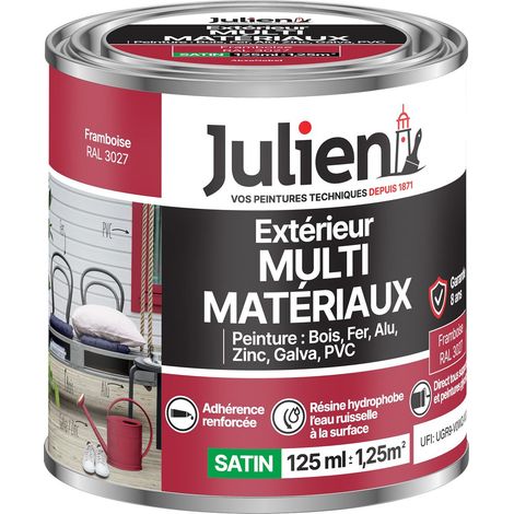 Julien Peinture Multi-Matériaux Satin en phase Aqueuse - Bois, Fer, Alu, PVC, Zinc, Acier galvanisé, brut ou peint - Framboise 0,125 L