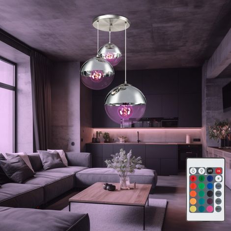 Suspension boules de verre suspension lampe boule lampe de salle à manger suspendue, chrome clair, télécommande dimmable, 3x LED RGB 4,8W 470Lm blanc chaud, DxH 51x120 cm