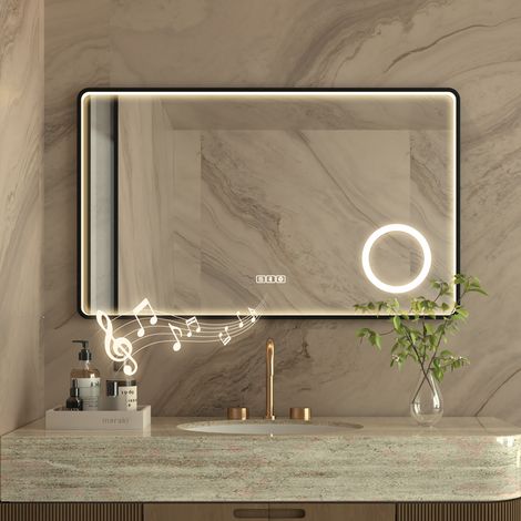 Miroir lumineux de salle de bain Bluetooth 80×60 cm avec grossissante 3x, Anti-buée,3 Couleurs,Dimmable,Mémoire,Verre Trempé HD,IP44 (1/5)