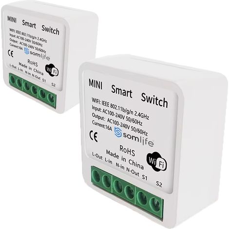 Lot 2 Interrupteurs intelligent SomLife  WiFi 16A MiniSmart Switch Wi-Fi connecté,application Tuya/SmartLife,Alexa,Google Home