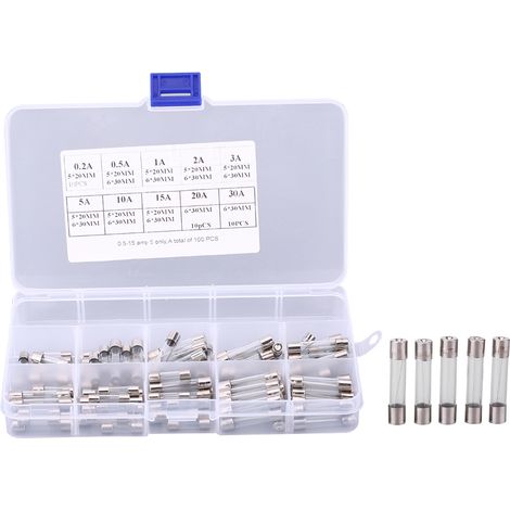 Konvolut von 100 Kfz-Glassicherungen, 5x20 mm und 6x30 mm, gemischte Nennströme, 0,2 A–30 A, Kfz-Ersatzteilset (1/5)
