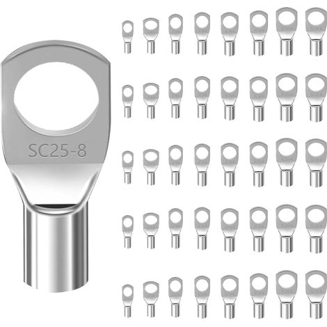 Lot de 40 cosses de câbles tubulaires M6 M8, en cuivre étamé, cosses de câble non isolées 6 mm², 10 mm², 16 mm², 25 mm², pour câbles de batterie, voiture, moto (1/5)