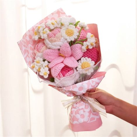 Bouquet De Fleurs Tricoté À La Main - Tulipes Roses Marguerites - Décoration Intérieure Cadeau Pour Fête Des Mères Mariage Anniversaire - 1 Pièce (1/5)