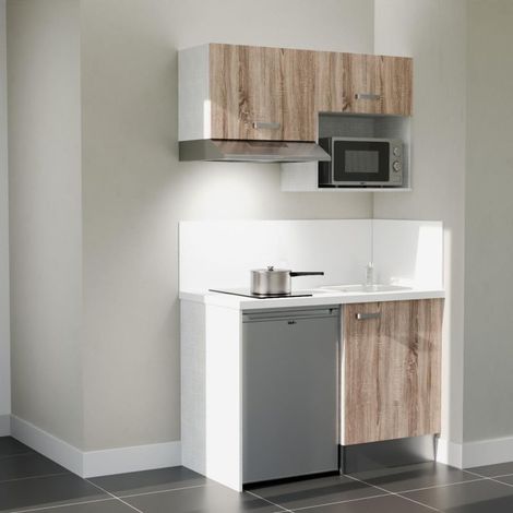 Kitchenette K02L-PT - 120 cm - plan stratifié, évier inox, - Façade Bois - Plan Blanc - Crédences Oui + Electroménager inclus coloris Inox