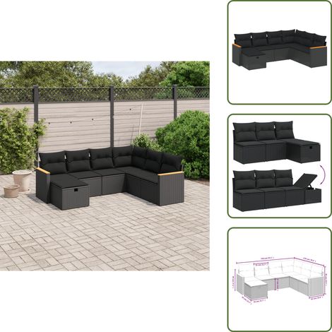 The Living Store Salon de jardin 7 pcs avec coussins noir résine tressée - Ensemble Salon De Jardin - Mobilier Extérieur - Canapé Jardin - Chaise Lounge - Set Jardin