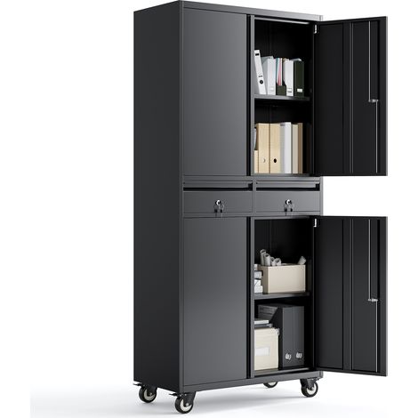 Armoire métallique garage - 185 cm, 2 tiroirs, étagères réglables, roulettes, verrouillable