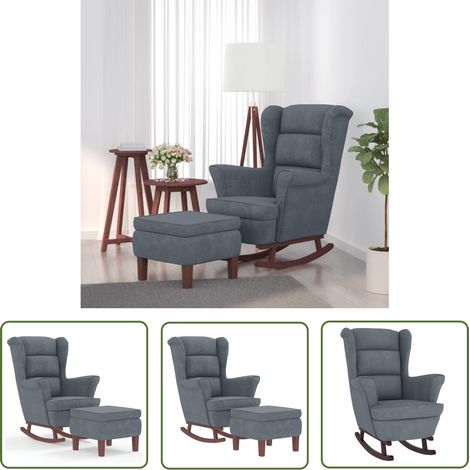 The Living Store Chaise à bascule avec pieds en bois et tabouret Gris foncé - Fauteuil Relaxant - Chaise Balançoire - Fauteuil Velours - Mobilier Salon - Décoration Intérieur (1/5)