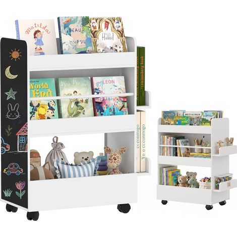 Libreria per bambini con ruote, contenitore per libri per bambini dai 3 agli 8 anni con lavagna, 66,5x32,5x86,5 cm, bianca