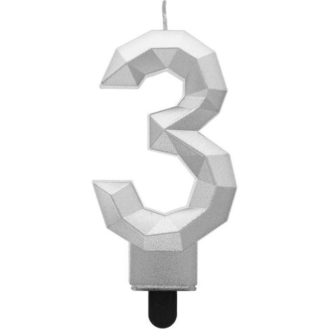 Vela número 3 - Diamante plateado metalizado 7,6 cm