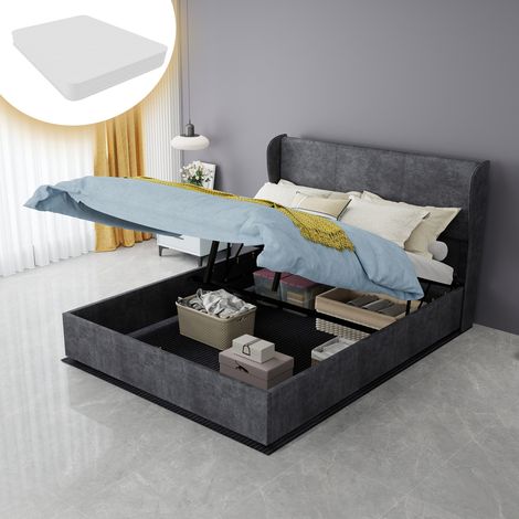 Lit rembourré moderne minimaliste avec tête de lit douce et confortable, 140 x 200 cm, gris, mobilier de chambre multifonction, base de rangement haute avec mécanisme à vérin à gaz, matelas 140 x 200 (1/5)