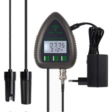 Ce testeur de qualité d'eau 5 en 1, compatible Wi-Fi et Bluetooth, mesure la TDS, la conductivité électrique, la salinité, le pH et la température de surface. Il est équipé d'une prise de norme europé (1/5)