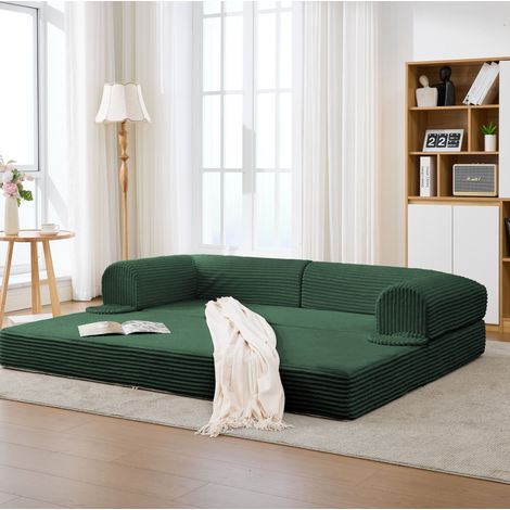 Divano letto 2 posti verde in tessuto a coste con design convertibile e salvaspazio (1/5)