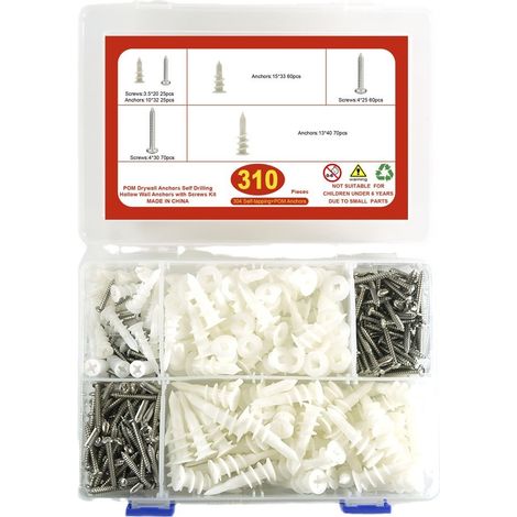 Set de 310 Chevilles et Vis,Plaque de Plâtre, Kit Universel d'Expansion de Chevilles en Plastique et de Vis à Bois Auto-taraudeuses(310pièces) (1/5)