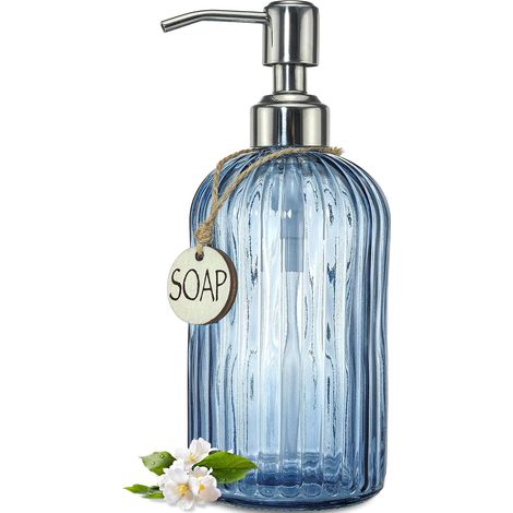 Distributeur de savon en verre bleu marine de 532 ml pour cuisine et salle de bain, distributeur de savon de cuisine rechargeable avec rayures verticales, distributeur de savon de salle de bain (1/5)
