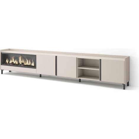 Skraut Home - Meuble TV, Banc Télé, Grand espace de Rangement, 315x35x61cm, Pour les TV jusqu'à 80", Cheminée électrique XXL, Design industriel, Style moderne, Beige (1/5)