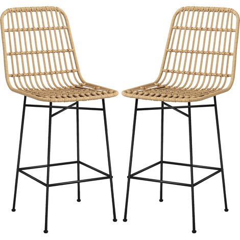 Dos taburetes de bar de ratán con respaldo y soporte de acero. Capacidad de carga: 120 kg. Ideales para cocina, salón y comedor. (1/5)