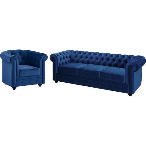 Vente-Unique – Canapé droit 3 places CHESTERFIELD – Velours bleu roi – Dossier capitonné – Charge max 360 kg – Dimensions 205x88x72 cm (1/5)