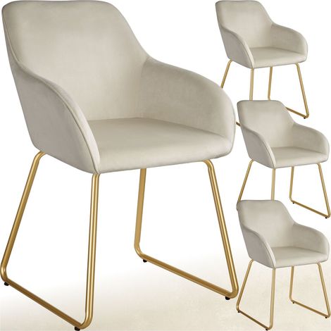 Tectake – Lot de 4 chaises de salle à manger – Rembourrage velours crème et or – Structure acier – Hauteur d'assise 50 cm – Patins antidérapants (1/5)