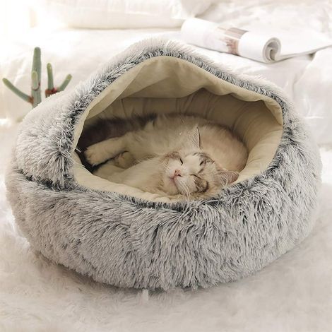 Round Plush Cat Bed with Hood, Non-Slip, Washable Cushion for Cats and Puppies (1/5)
