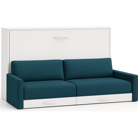 Lit escamotable horizontal avec canapé Vetal 140x190-Canapé Bleu canard-Structure et Façade Blanche (1/5)