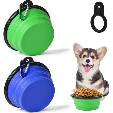 Gamelle Chien Pliable, 2 PCS Gamelle Voyage Portable,Gamelles de Voyage pour Chien et Chat,avec Mousqueton, Gamelles de Voyages pour Chiens et Chat, Randonnée, Bleu Clair et Vert Clair (350ml) (1/5)