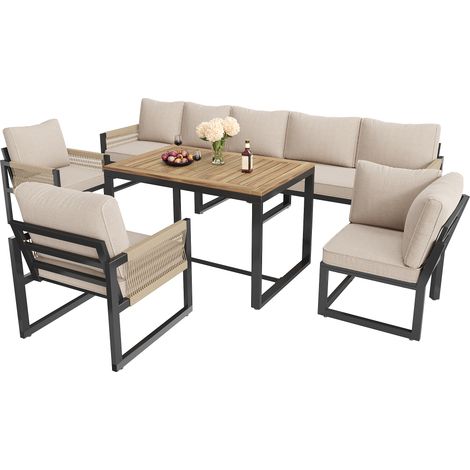 8-Sitzer Gartenmöbel aus Metall und Polyester mit 3 Sofas, Tisch, 2 Sesseln und dicken Kissen, Beige (1/5)