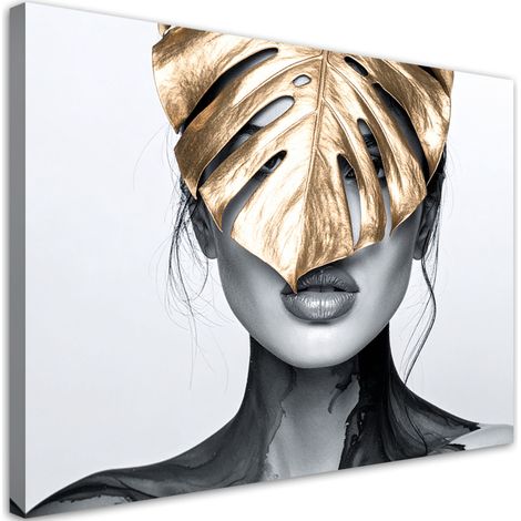 Wandbild Porträt einer Frau und ein goldenes Monstera-Blatt 60x40 cm (1/5)