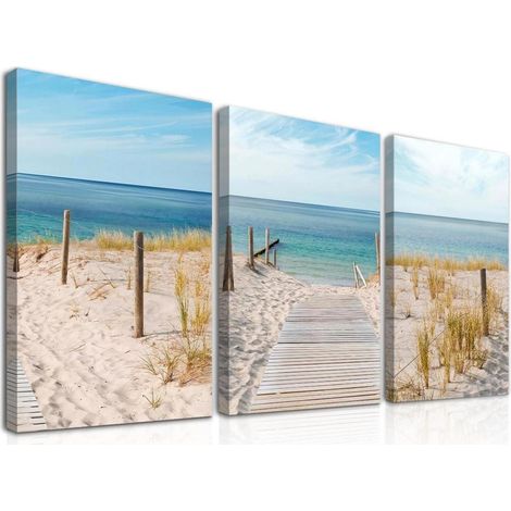 Lot de 3 tableaux muraux plage et mer bleu 30x40 cm toile imprimée et encadrée (1/5)