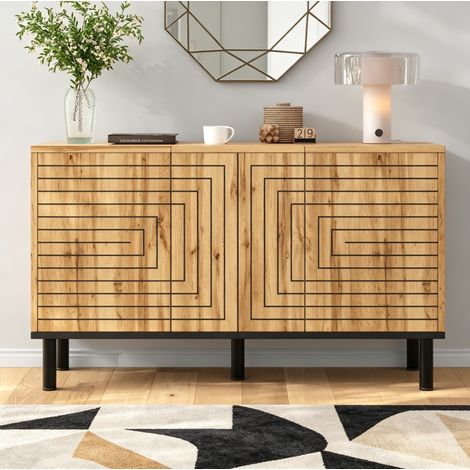 Buffet 3 portes naturel avec ouverture push-open et motif ondulé, 120x35x68 cm (1/5)