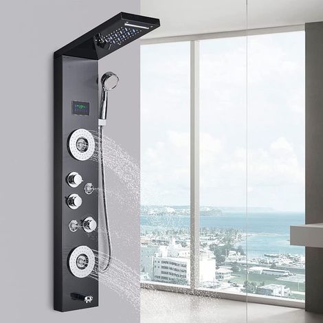 Suguword – Colonne de douche hydromassante 5 jets – Panneau en acier inoxydable 304 – Écran LED pour sécurité – Installation murale facile (1/5)