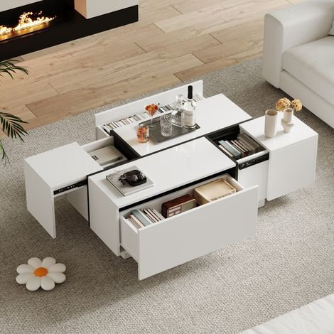 Table basse rectangulaire laquée - 100x60x40cm - Design patchwork graphique avec 4 tiroirs de rangement - Blanc et Noir (1/5)