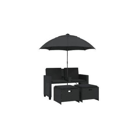 Canapé de jardin 2 places avec parasol et tabourets noir rotin (1/5)