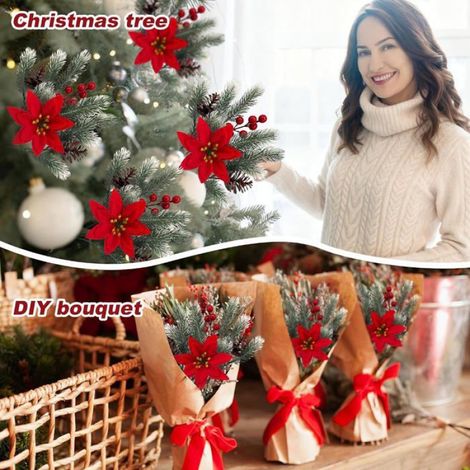 Lot de 4 Branches de Sapin Artificiel avec Poinsettia et Baies Rouges Réalistes Décoration de Noël (1/4)
