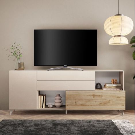 Credenza moderna cucina soggiorno bianca legno 2 ante cassetti Maditha - Rovere - Bianco (1/2)