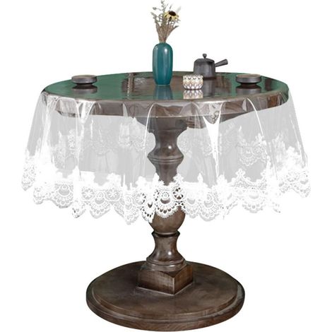 Runde Tischdecke 190 cm transparent mit Spitzenrand, wasserdicht und abwischbar