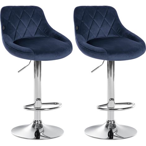 Juego de 2 taburetes de bar con costuras decorativas de rombos, asiento de terciopelo azul y estructura de metal cromado TDB10767