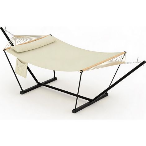Hamac double avec support – support acier, montage rapide, acier réglable, 2 personnes – jardin, plage, camping, terrasse – Beige