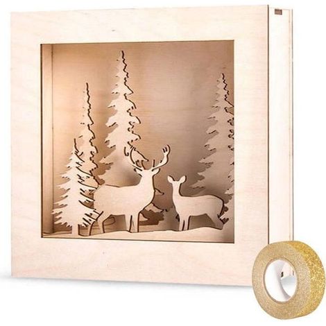 Kit cadre bois forêt de Noël 20 x 20 cm + masking tape doré à paillettes 5 m (1/2)