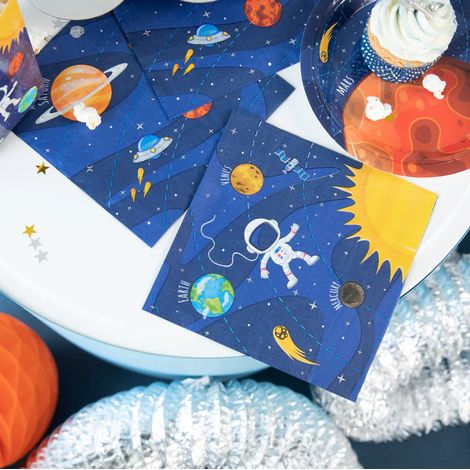 Servilletas de cumpleaños con diseño de cohete espacial, 33x33cm, 10 unidades. (1/2)