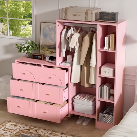 Armoire polyvalente moderne – Structure ouverte avec tringle à vêtements – 6 tiroirs et étagères latérales – Grand rangement – 139 × 35 × 133 cm – Rose (1/5)