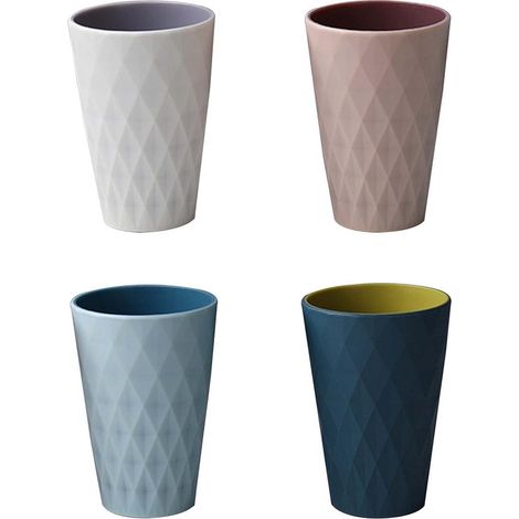 Vasos de plástico irrompibles – 4 piezas – Diseño bicolor con estampado de rombos – Apilables y antideslizantes – Para el hogar, camping y baño (1/5)