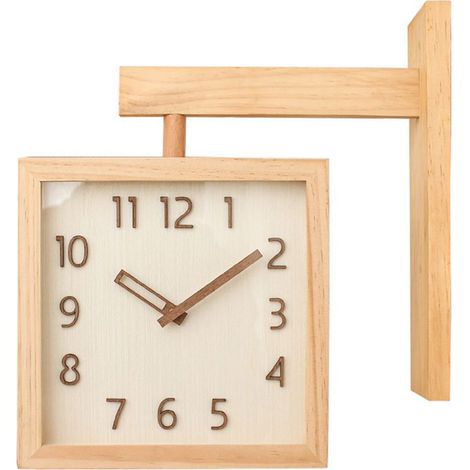 Horloge murale double face en bois massif, design carré silencieux pour coin salon, couleur bois naturel, 23x23x34cm (1/5)