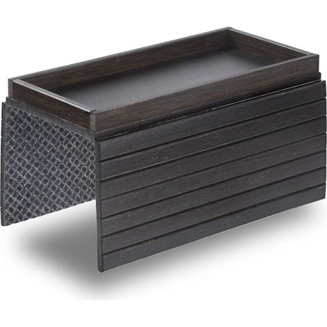 DETOR Plateau d'accoudoir pour canapé avec boîte de rangement 31,5x14cm, bambou finition ébène, base en feutre antidérapant, lattes robustes, pour accoudoirs dès 15,5cm (1/5)