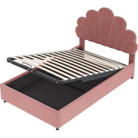 Cama infantil tapizada 90 x 200 cm en terciopelo rosa con cabecero floral y arcón (1/5)