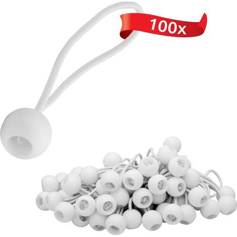 100 Tendeurs élastiques avec Boule en Plastique, Crochets pour Bâches, Tentes et Tonnelles, Fixation Solide sans Nœuds, Blanc (1/5)