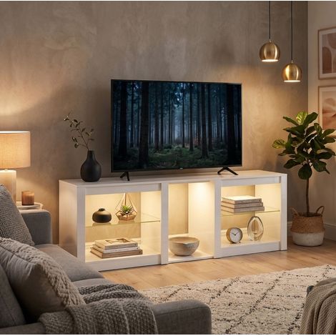 Mobile TV con LED RGB 160 x 35 x 52 cm, ripiani in vetro regolabili, bianco DESVIAE (1/5)