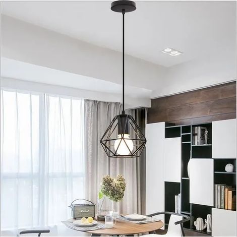 Lustre Suspension Industrielle Salon Noir Lampe Suspension Vintage en Cage Fer Forge Style Edison pour Salon Chambre (1/4)