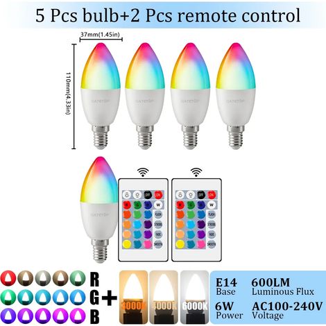 Lampes de croissance pour plantes Ampoule LED E14 (RGB 3000K, lot de 5, AC 100-240V) avec télécommande 24 touches, intensité variable, 6W et changement de couleurs, idéale pour chambre ou salon. (1/5)