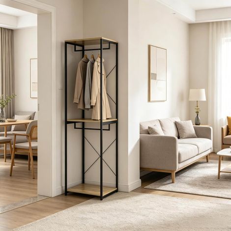 Portant a vetements ouvert en MDF et acier noir decor chene avec 2 tringles, 60 x 40 x 213 cm, structure sur pied (1/5)